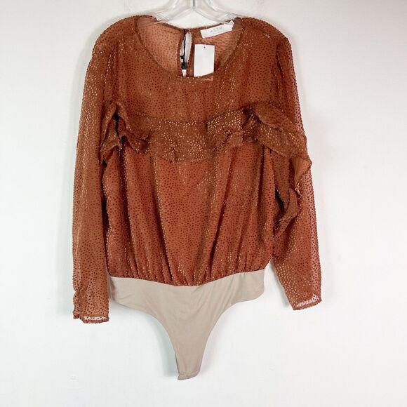 Astr The Label NWT Lucille Semi Sheer Textured Bodysuit Brown Ginger Size L - Picture 3 of 7